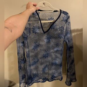 Blue Floral Mesh V-Neck Long Sleeve Top